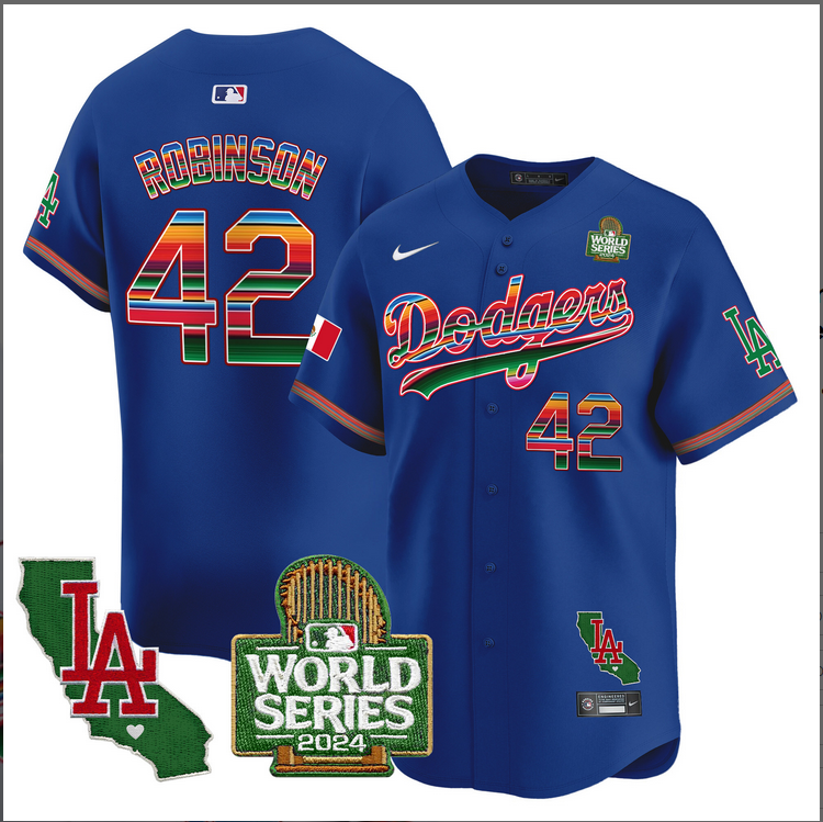 Men MLB Mexico Los Angeles Dodgers #42 Robinson blue 2024 World Series Champions Patch Jersey 20241105